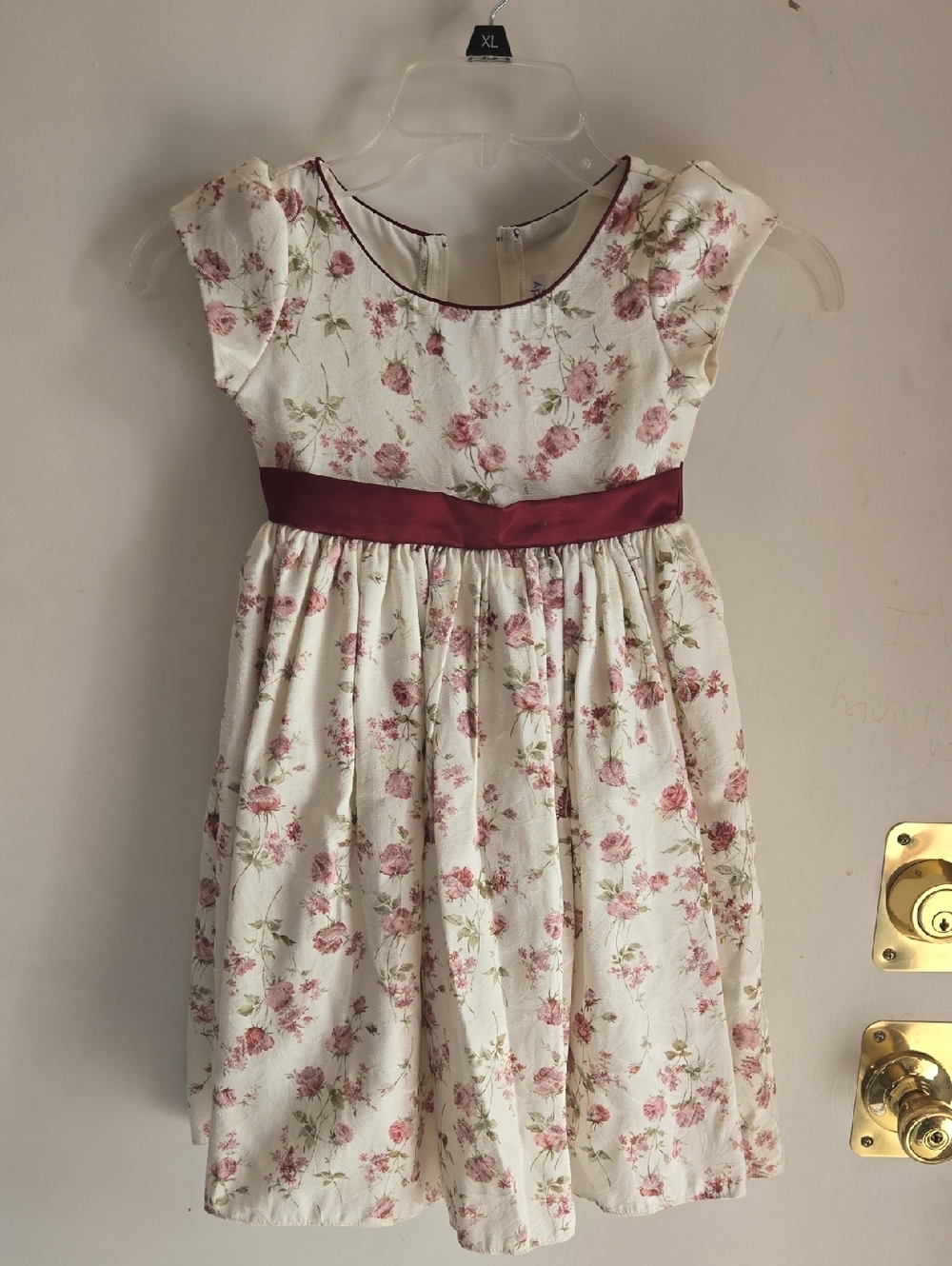 Girls Floral Ivory and Pink Party Dress with Wine Waistband